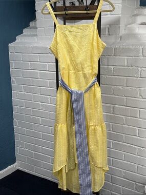 Yellow Striped Summer Midi Dress with Blue Tie